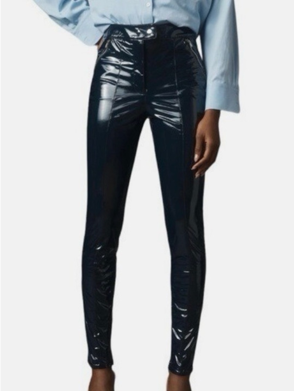 Anthropologie Maeve Glossy Patent Skinny Pants in navy blue